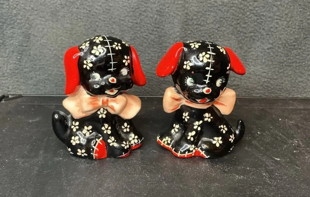 Vintage Precious Lefton Black Calico Puppy Salt & Pepper Shakers